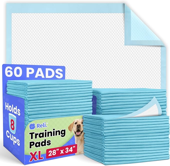 Reli. Pee Pads for Dogs XL 28x34 (60 Pack) | Puppy Training Leak-Proof | 8 Cup Absorbent Dog Pads