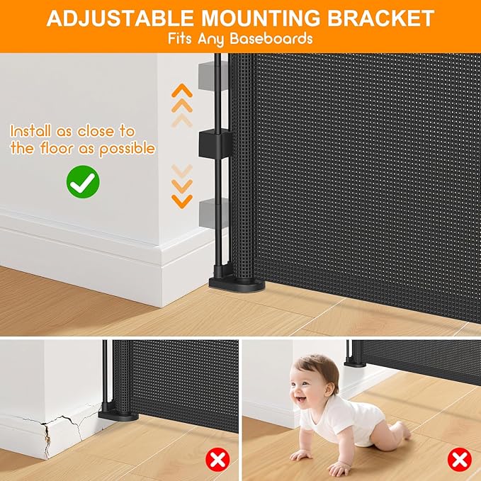 55 Inch Retractable Baby Gates Extra Wide, 41 Inch Reinforced Extra Tall Gate Mesh Safety Gate for Kids Pets, Retractable Dog Gate Baby Retractable Gate for Stair Hallway Doorway Indoor Outdoor, Black