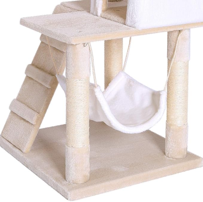 lionto Scratching Tree for Cats with Hammock & Tunnel, Height 52,4 in, cat Tree with sisal Rope & Soft Plush, Cozy Lying Areas & Caves, Suitable for Small & Large Cats, Beige/White