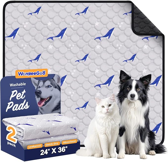 Washable Dog Pee Pads, Non-Slip Waterproof, 24 x 36 in, 2 Pack, Dolphin | Super absorbent, waterproof and non-slip; washable, reusable dog pads for crates, playpens, floors, furniture and travel