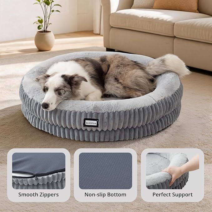 BALANCE Donut Dog Bed, 36 Inches Round Dog Bed Large Size Dogs Washable, Orthopedic Calming Dogs Beds for Kitten, Fluffy Plush Faux Fur Pet Bed with Anti-Slip Bottom