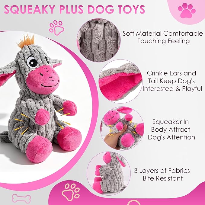Squeaky Plush Dog Toy, Crinkle Ears Interactive Dog Chew Toy for Small Medium Dogs, Durable Corduroy Stuffed Animal Dog Toys for Puppy Teething, Boredom Relief & Indoor Fetch Play