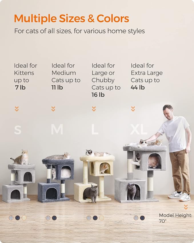 Feandrea Cat Tree, 26.4-Inch Cat Tower, Plush Condo for Kittens up to 7 lb, Large Perch, 2 Caves, Scratching Post, Beige UPCT611M01