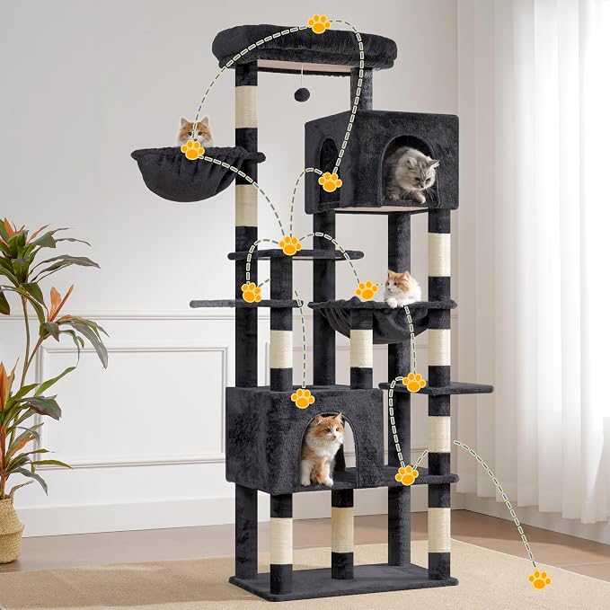 Heybly Cat Tree, 76-Inch Tall Heavy Duty Cat Tower for Big Cats HCT039G | Multi-Level Large Cat Furniture with Extra Wide Baseboard, 2 Condos & 2 Hammocks, 10 Scratching Posts, Smoky Gray