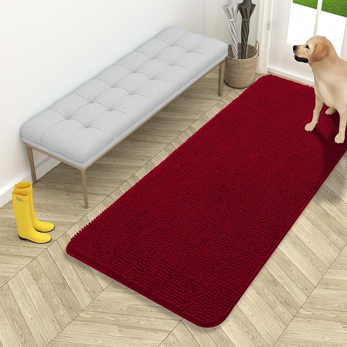 OLANLY Dog Door Mat for Muddy Paws 54x24, Super Absorbent Chenille Mud Mat | Red, Absorbs Moisture and Dirt, Non-Slip Machine Washable Doormat, Quick-Drying Indoor Entryway Floor Carpet for Dogs