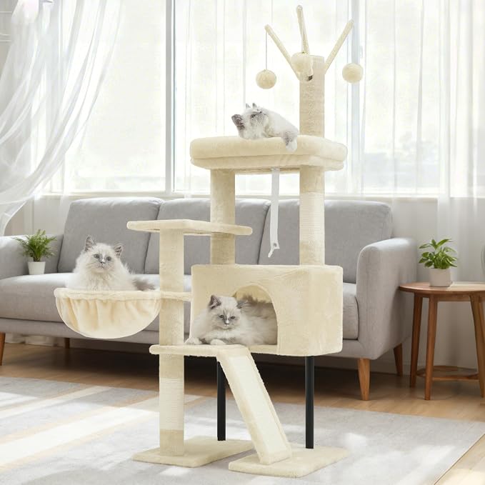 Cat Tree Tower for Indoor Cats, Top Platform with Toy, GCT006SM | 49.2 inch Cat Condo House, Sturdy Base, Scratching Post & Board, 3 Balls, Hanging Basket, Small Cats and Kittens, Beige