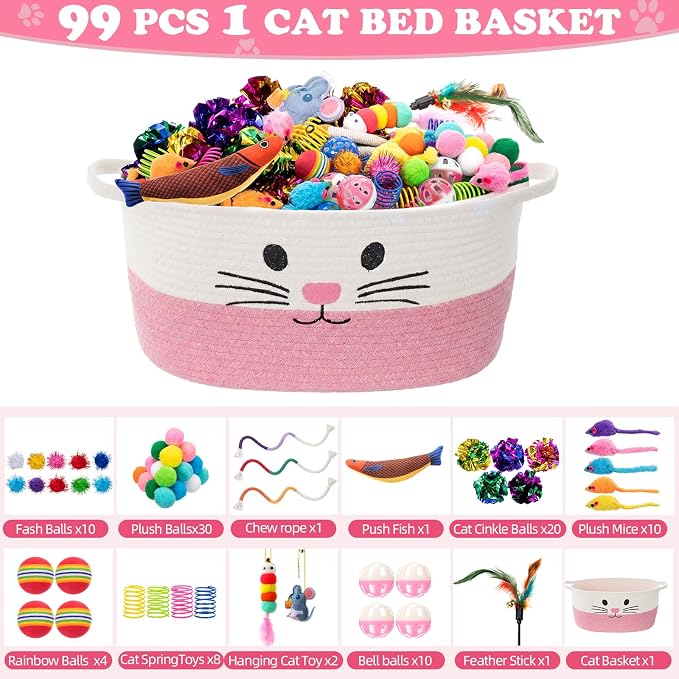 Leitee 15.2" X 10" X 8" 100 Pcs Cat Bed Storage Basket Gift Cat Variety Toys Set Cotton Rope Basket, Fish Mice Pet Bell Colorful Crinkle Balls Spring Toy for Kitten Swat Interactive (Basic,Pink,White)
