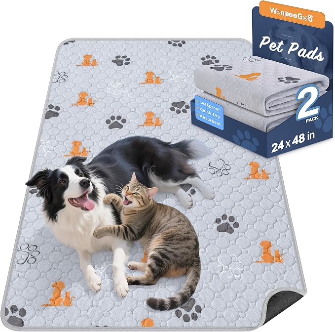 WanpeeGoo Washable Pee Pads for Dogs, Waterproof, 24 x 48 in, 2 Pack, Orng | Super Absorbent, Waterproof and Non-Slip; Washable, Reusable Dog Pads for Crates, Playpens, Floors, Furniture and Travel