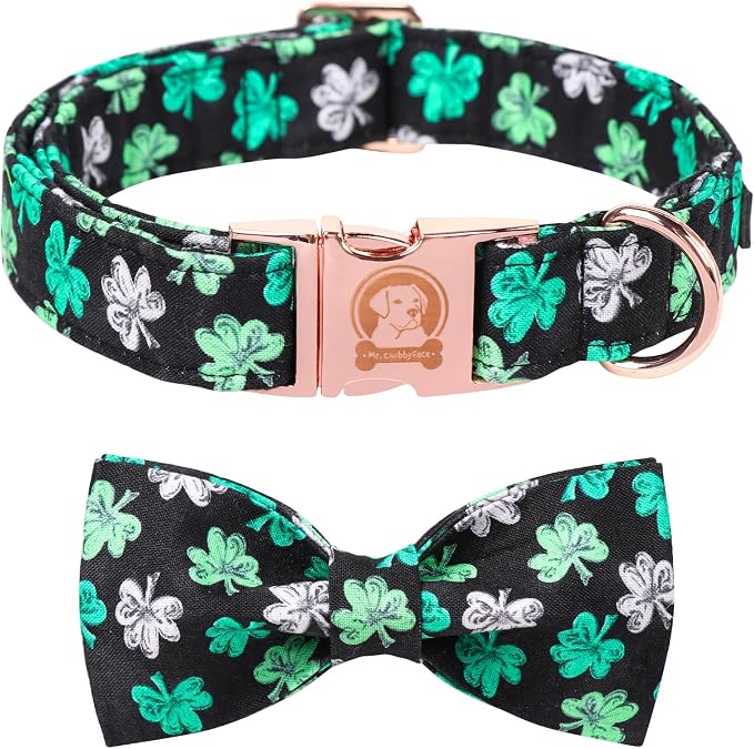 ·MR. CHUBBYFACE· St.Patrick's Clover Dog Collar with Bowtie, White Green Clovers Shamrock Pet Collar with Metal Buckle, Soft Adjustable Puppy Collar for Small Medium Large Dogs