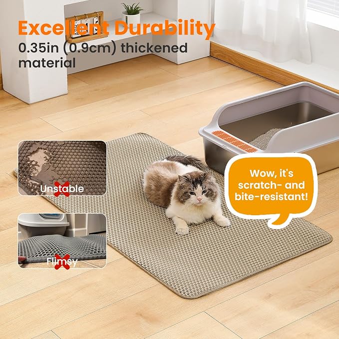 Extra Large Cat Litter Mat XXL, Double Layer Honeycomb, Beige | 46x26”, Reduces Litter Tracking, Easy to Clean, Waterproof, Non-Slip, Soft on Paws, Scratch Resistant, Beige, XXL