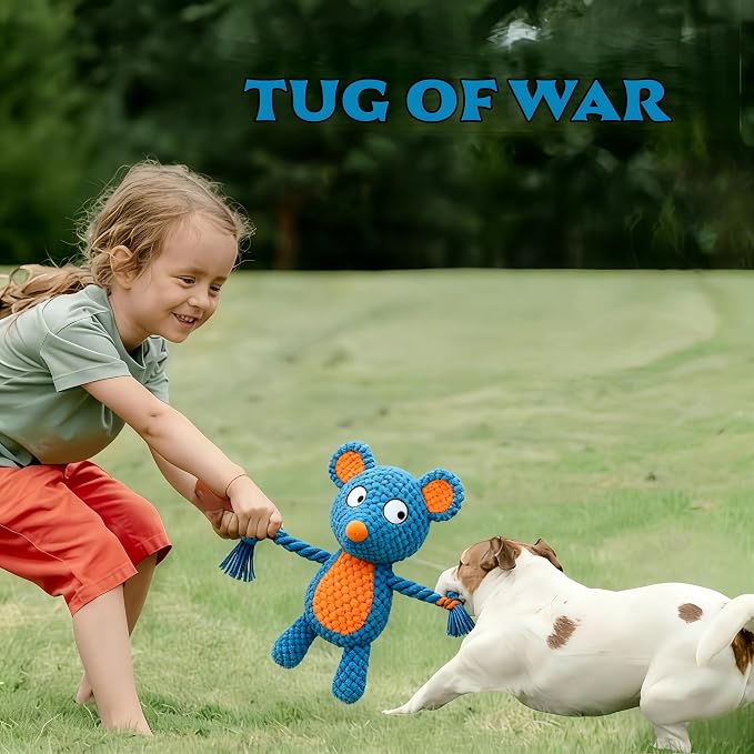 Plush Mouse Dog Toy – Durable Squeaky Toy with Rope Arms for Chewing & Tug of War | Soft Textured Stuffed Animal Toy for Small & Medium Dogs | Interactive & Cute Pet Gift