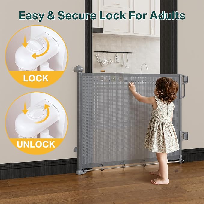 Cumbor 27-40" Retractable Baby Gates for Stairs & Doorways, Hardware Mounted Mesh Dog & Pet Gate, Easy Walk Through, One-Hand Operation, Anti-Crawl Adjustable Safety Gate for Dog, Indoor Outdoor Grey