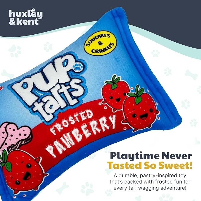 Huxley & Kent Funny Dog Toy w/Squeaker – Power Plush Squeaky Dog Toys for Small, Medium & Large Dogs – Soft Stuffed Animal for Indoor Play & Fetch - Pup-Tarts Frosted Pawberry, Small
