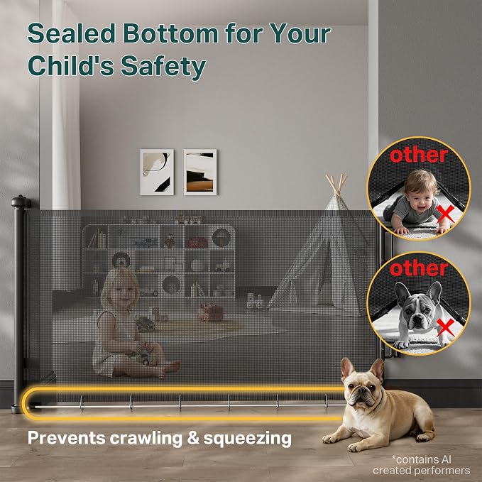 Cumbor 37-55" Retractable Baby Gates for Stairs & Doorways, Hardware Mounted Mesh Dog & Pet Gate, Easy Walk Through, One-Hand Operation, Anti-Crawl Adjustable Safety Gate for Dog, Indoor Outdoor Black