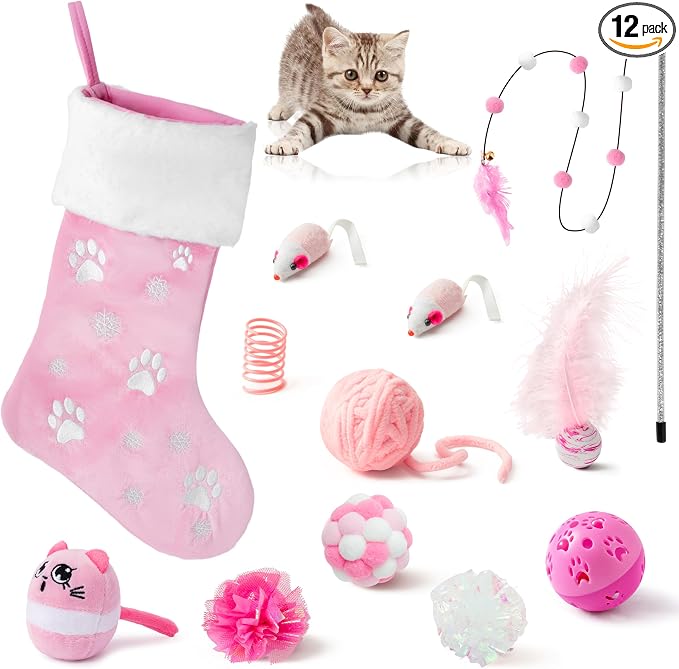 MALLMALL6 Christmas Stocking Cat Toys - 12Pcs Interactive Kitty Gifts Pink Xmas Hanging Stocking Feather Teaser Wand Mice Crinkle Bells Ball Spring Toys for Indoor Kitten