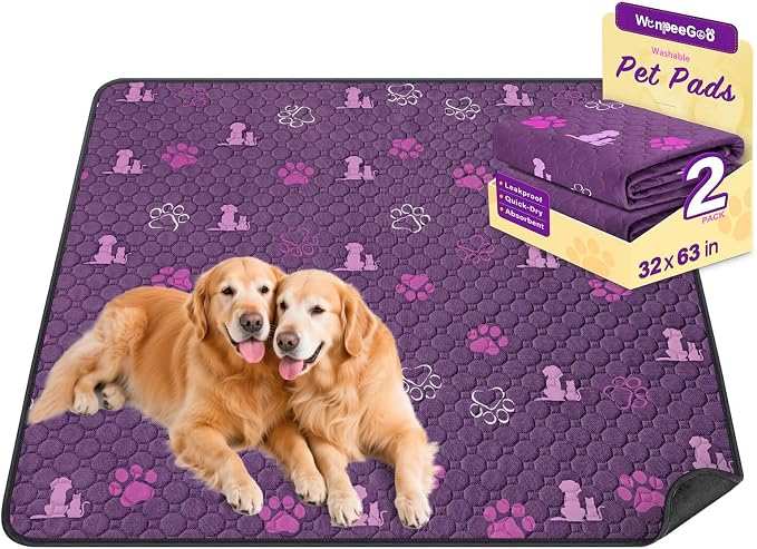 WanpeeGoo Washable Pee Pads for Dogs, Waterproof, 32 x 63 in, 2 Pack, Purp | Super absorbent, waterproof and non-slip; washable, reusable dog pads for crates, playpens, floors, furniture and travel