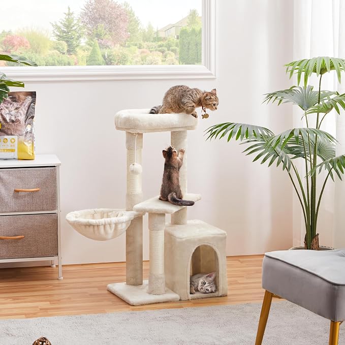 Topeakmart Multilevel Cat Tree Cat Scratching Posts Cat Houses and Condos with Condo & Nest & Platform & Basket for Indoor Cats and Kittens Play & Rest as Activity Center 33in