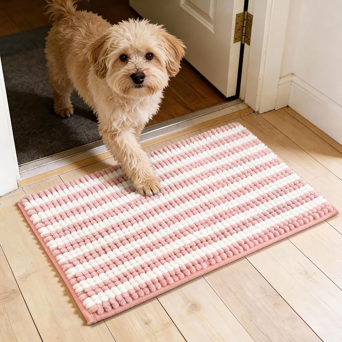 Dog Door Mat for Muddy Paws - Absorbent Quick-Dry Non-Slip Washable Chenille Pet Rug, Indoor Entryway Mat for Front Door & Crate(Pink, 30" L*18" W)