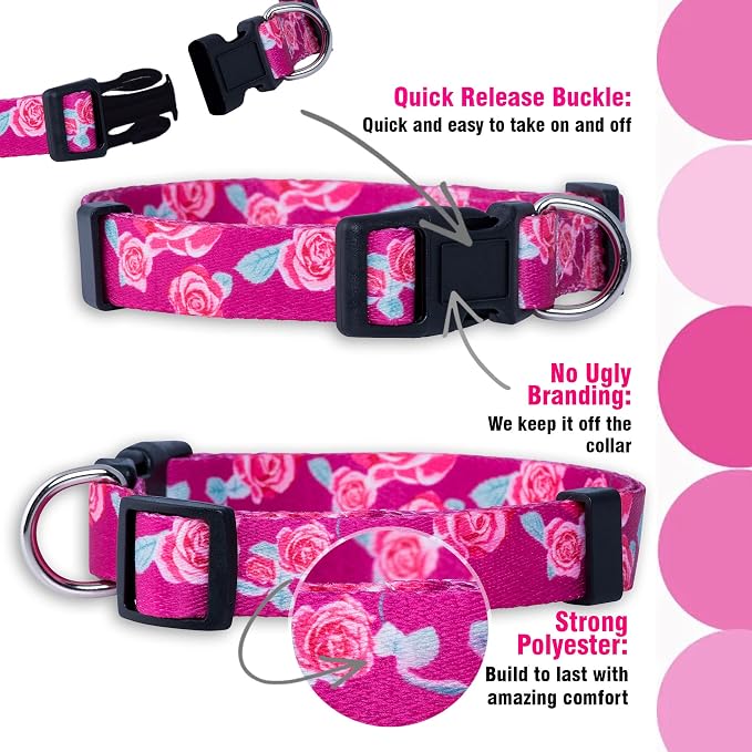 Native Pup Flower Dog Collar, Adjustable Small Medium Large, Cute Girl Female Summer Spring Pretty Designer Puppy Essentials Accessories, Pink Floral Blue Daisy Rose (Small, Roses)