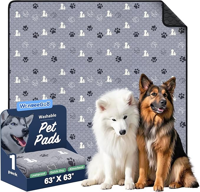 WanpeeGoo Washable Pee Pads for Dogs, Waterproof, 63 x 63 in, 1 Pack, Gray | Super Absorbent, Waterproof and Non-Slip; Washable, Reusable Dog Pads for Crates, Playpens, Floors, Furniture and Travel