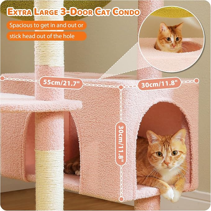 PAWZ Road 81" Flower Cat Tree Large Condo Hammock &2 Perches for Adult Cats | flower shape pink&green, 20"×16" hammock for maine cats, cute cat tower large condos,7 scratch posts & bottom scratcher