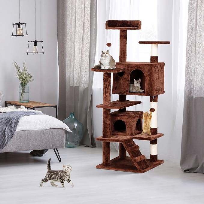 ZENY 53 inches Cat Tree with Sisal-Covered Scratching Posts and 2 Plush Rooms Cat Furniture for Kittens (Brown)