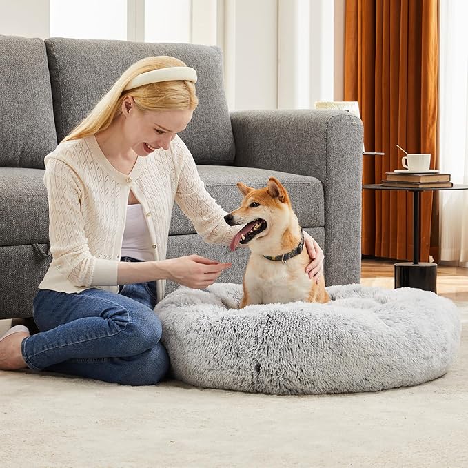 DUMOS Donut Dog Beds for Large Dogs, Machine Washable Cuddler Warming Cozy Fluffy Faux Fur Plush Round Pet Bed, Anti-Slip Bed for Indoor Dogs and Cats, 30.7x30.7 Inch, Grey
