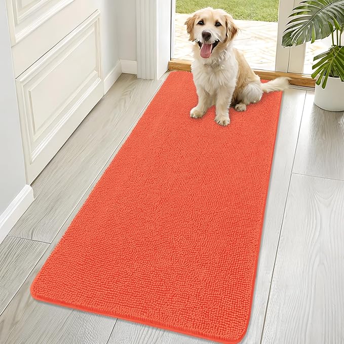 OLANLY Dog Door Mat for Muddy Paws 70x32, Super Absorbent Chenille Mud Mat | Coral, Absorbs Moisture and Dirt, Non-Slip Machine Washable Doormat, Quick-Drying Indoor Entryway Floor Carpet for Dogs