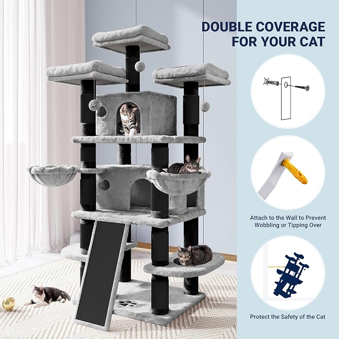 Allewie 68 Inches Cat Tree/House and Towers for Big Feline/Scratching Post/Multi-Level Large Kitty Climbing Tree with Condo/Black & Grey