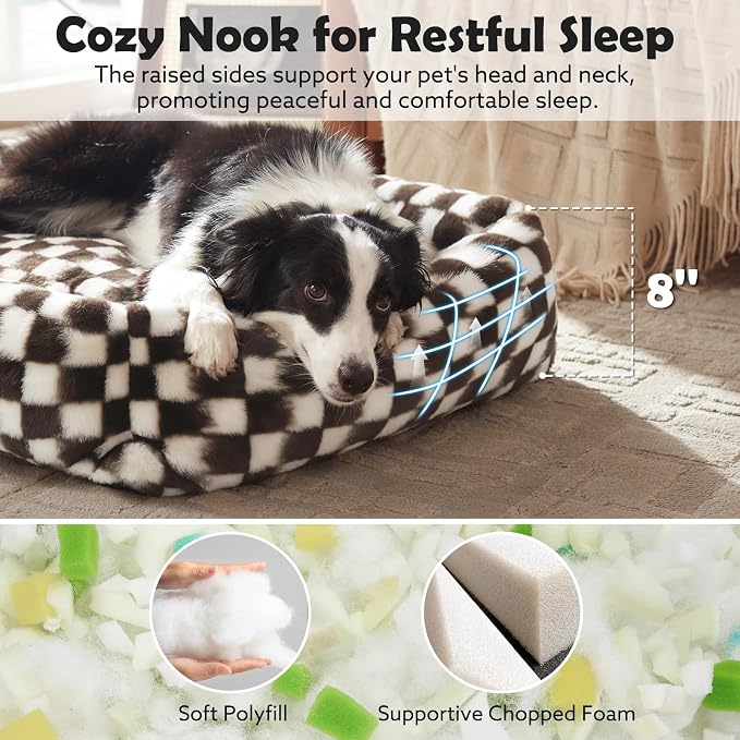 JOEJOY Dog Bed Medium Size Dog, Removable Washable Cover Orthopedic Soft Pet Bed, Anti-Slip Fluffy Plush Faux Rabbit Fur Puppy Bed, 30"x24"x8", Checkered, Brown