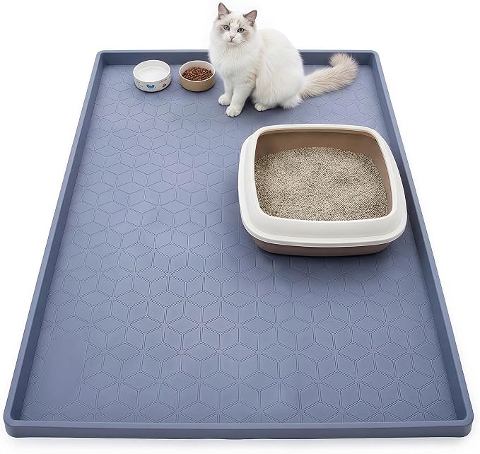 Cat Litter Mats for Floor, 34"x22" Silicone Litter Box Mat with Raised Edges, Highly Effective Litter Trapping Mat for Scatter Control, Non-Slip Waterproof Pad, Easy to Clean & Pet Friendly, Gray