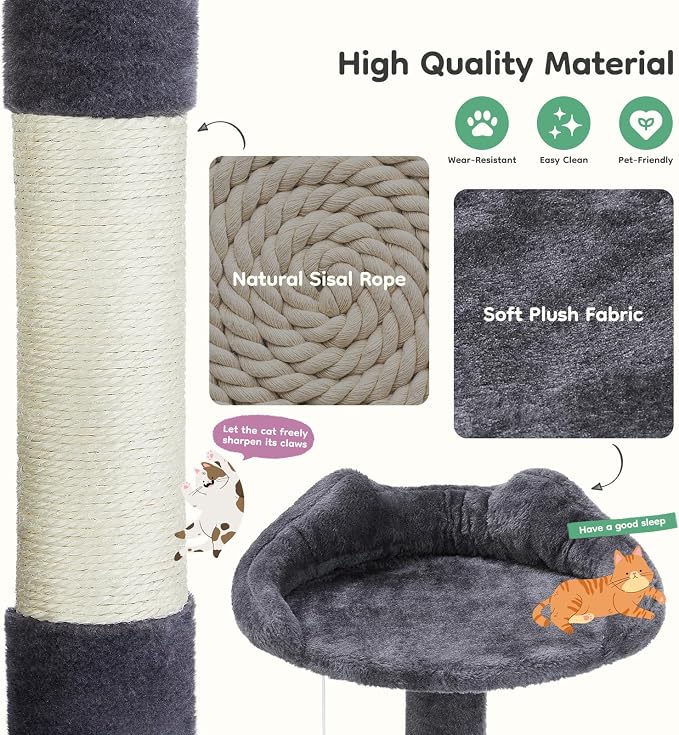 DUMOS 54 Inch Cat Tree Tower with Scratching Posts | Indoor Multi-Level Pet House for Large Cats with 2 Condos, Round Platform, Small Ladder and Toys, Dark Grey