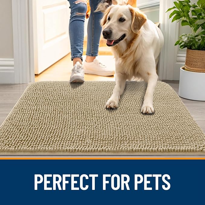 OLANLY Dog Door Mat for Muddy Paws 40x32, Super Absorbent Chenille Mud Mat | Beige, Absorbs Moisture and Dirt, Non-Slip Machine Washable Doormat, Quick-Drying Indoor Entryway Floor Carpet for Dogs