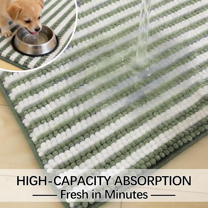 Dog Door Mat for Muddy Paws - Absorbent Quick-Dry Non-Slip Washable Chenille Pet Rug, Indoor Entryway Mat for Front Door & Crate (Green, 34" L*23" W)