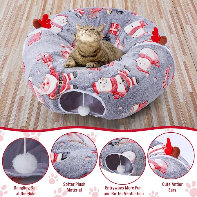 Dansydaisy 9 Pcs Cat Tunnel Under Christmas Tree, 3ft Cat Donut Tunnel with Plush Cushion and 8 Toys Cozy Washable Cave for Kittens Small Medium Pets Rabbits Gifts for Christmas