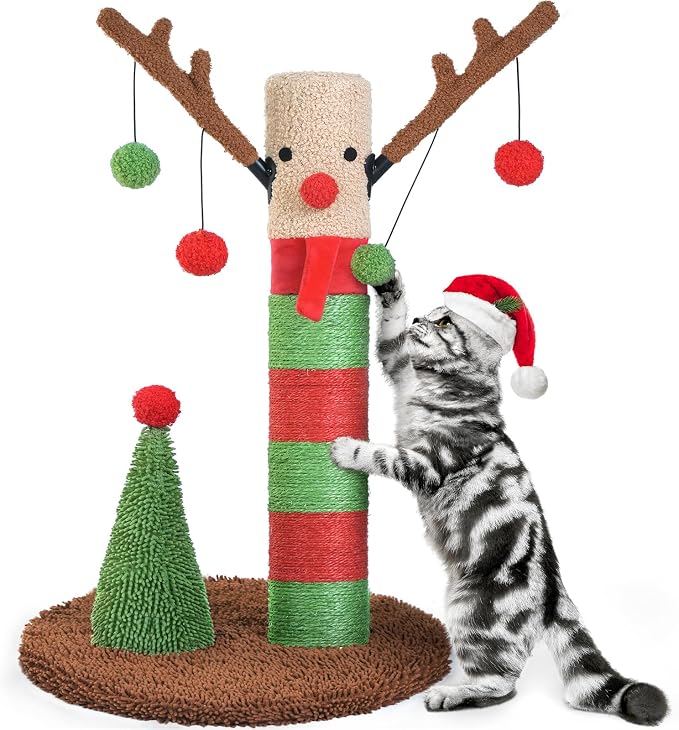 BOLUO Christmas Cat Scratching Post Deer Cat Trees for Adult Cats Scratcher Cute Toy Kitten Kitty Sisal Scratch with Teaser Ball Indoor 25 inch