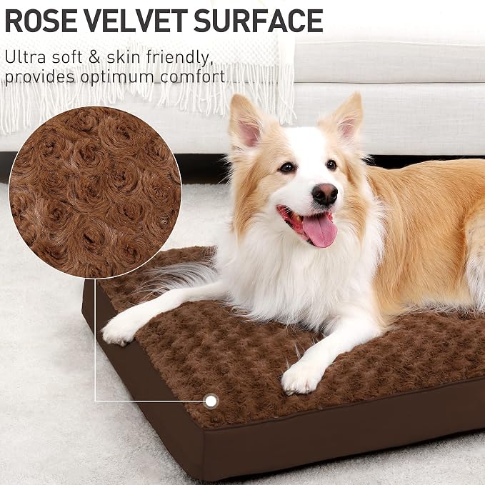KSIIA Washable Dog Bed for Crate Waterproof for Medium Dogs,35x22 in,Brown | 3in egg crate foam,orthopedic support,Soft rose velvet,3ply waterproof fabric,removable cover,anti-slip base,washable