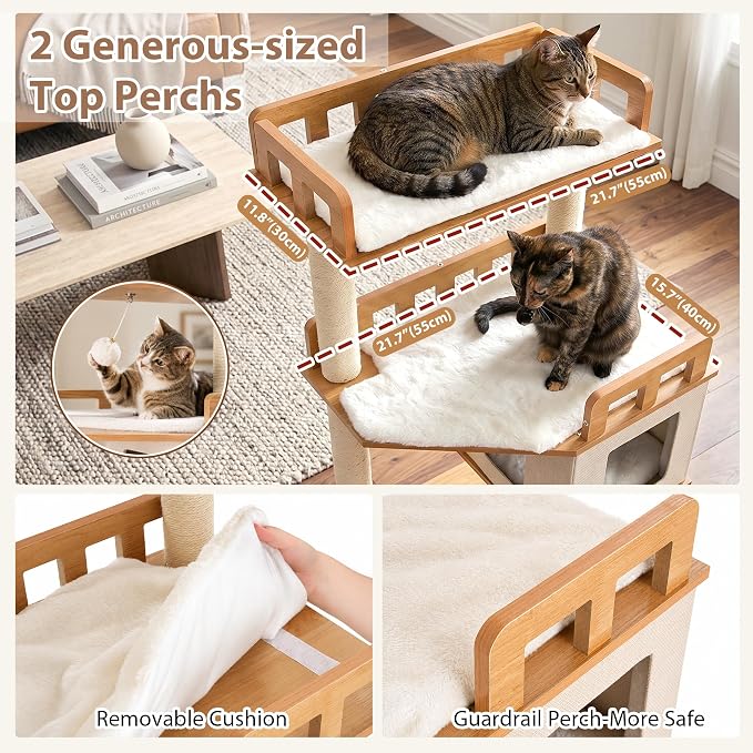 Cat Tree, Wooden Multi-Level Tower for Large Audlt Cats GCT104WB | 76" Cat House Furniture with Big Hammock, 2 Condos，2 Wood Platforms with Safety Railing, Sisal Scratching Posts, Walnut