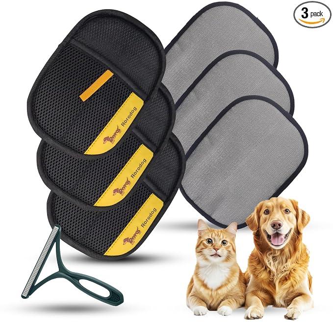3-Pack Magic Brush Pet Hair Removal Gloves with A Hair/Lint Removal Tool – Remove Cat/Dog Fur from Clothing, Furniture, Car Seats, Bedding & Carpet