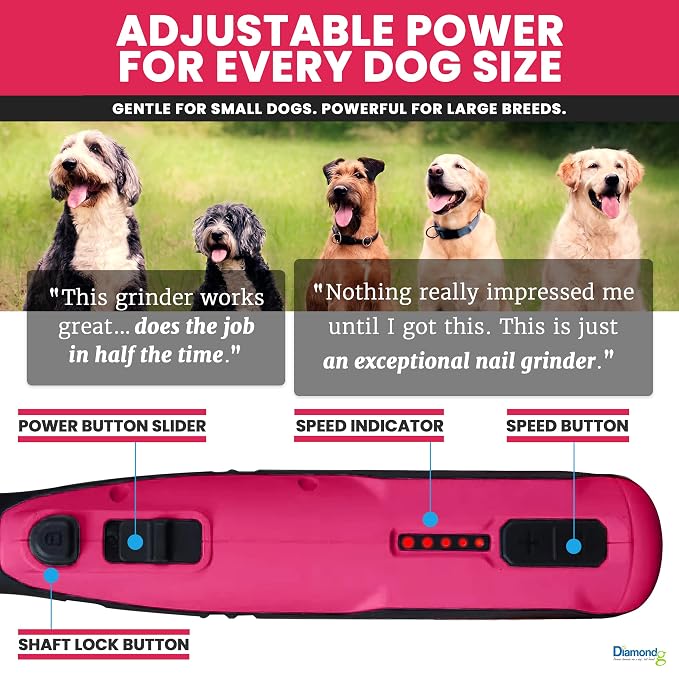 Diamondg Cordless Dog Nail Grinder - Quiet Sound with LED Light, Pink | 5-Speed Rechargeable Pet Nail Trimmer for Small & Large Dogs, USB-C Charging, 4hrs. Runtime, Painless Dog Nail Grinding Kit