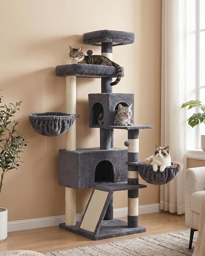 Feandrea Cat Tree, 68.5-Inch Tall Cat Tower, Multi-Level Plush Condo with Large Perch, Scratching Posts, Double Caves, Dark Gray UPCT006G02
