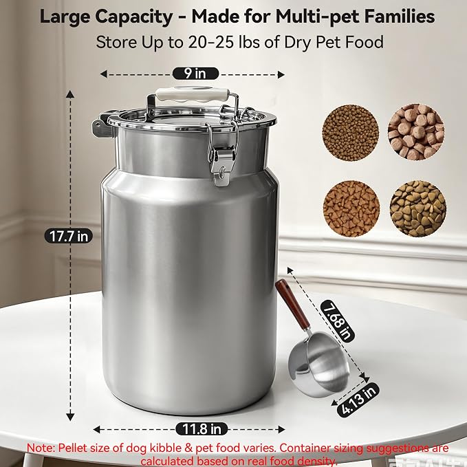 Newget 25 lb Stainless Steel Airtight Dog Food Storage Container with Scoop | Pet Food Storage, Large Capacity, Rust-Resistant Steel, Sturdy & Durable, Airtight Design, Moisture Protection, Easy to Clean