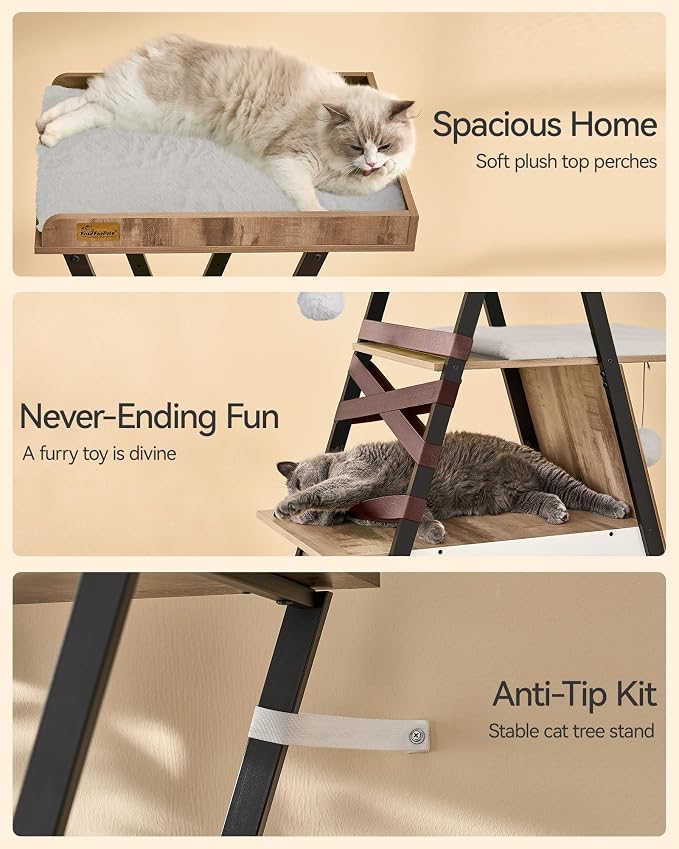72.4" Cat Tree, Modern Cat Tower for Indoor Cats, Multi-Level Cat Condo with Caves, Tall Cat Tree with Cat Scratching Board, Wooden Cat Tower with Large Perch, Removable Pads, Camel Brown
