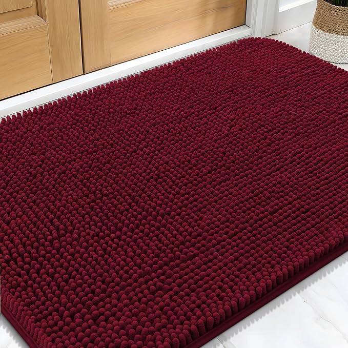 OLANLY Dog Door Mat for Muddy Paws 34x21, Super Absorbent Chenille Mud Mat | Burgundy, Absorbs Moisture and Dirt, Non-Slip Machine Washable Doormat, Quick-Drying Indoor Entryway Floor Carpet for Dogs