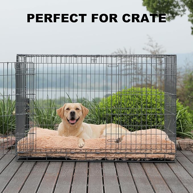 Bedfolks XXL Dogs Crate Bed, Plush Washable Faux Fur Pad, Waterproof, 47"x29", Solid Camel