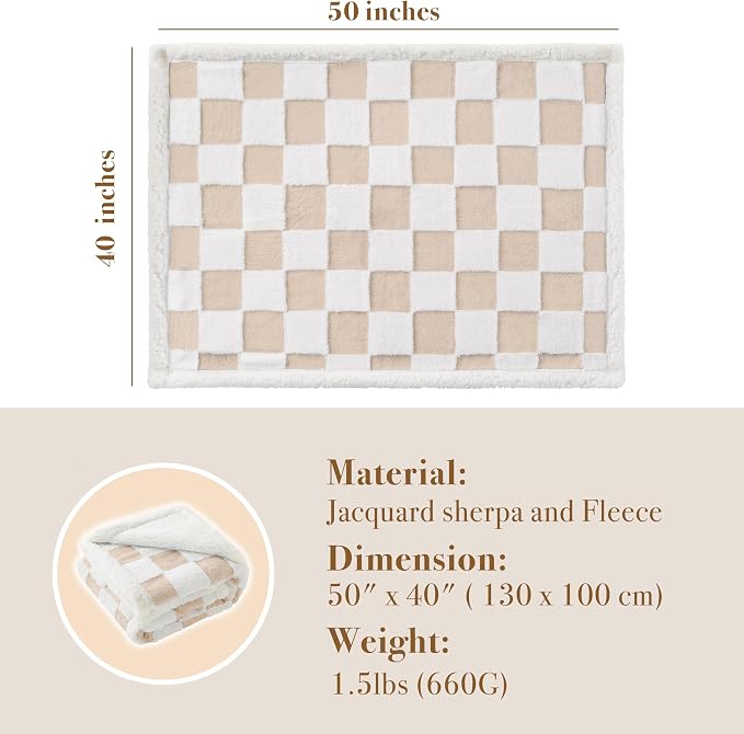 Ohocut Checkered Dog Blanket, Beige Khaki Jacquard Sherpa Blankets for Small Dog and Cats, Cute Aesthetic Style Fluffy Fleece Pets Blanket for Couch Protection Washable, 40"x50"