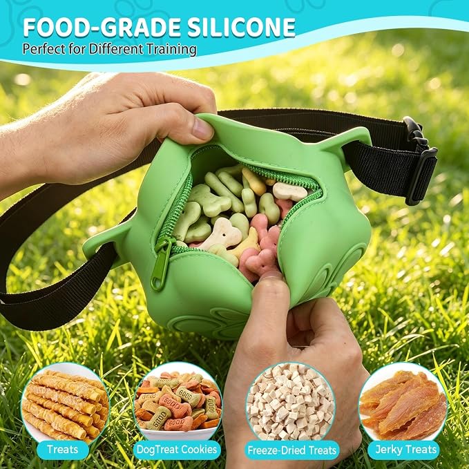 Dog Treat Pouch with Training Clicker and 2 Poop Bags, 1.8 Cup Small Sealable Zipper Silicone Fanny Pack with Waist Belt, Pet Puppy Training & Walking Essentials (Green)