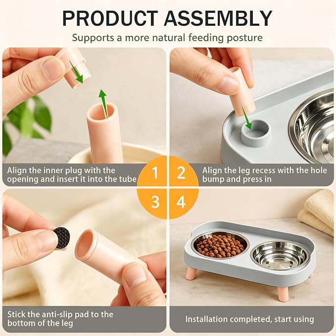 Elevated Dog Bowls with Mat, 2 Stainless Steel for Small Dogs Under 25 Lb | Raised Bowl Stand, Food & Water Set for Cats & Puppies, Splash Proof, Dishwasher Safe, Stain-Resistant Quick-Dry Mat