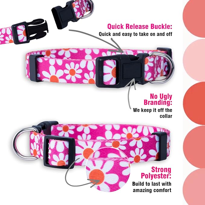 Native Pup Flower Dog Collar, Adjustable Small Medium Large, Cute Girl Female Summer Spring Pretty Designer Puppy Essentials Accessories, Pink Floral Blue Daisy Rose (Medium, Pink Daisy)