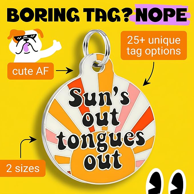 Bad Tags Personalized Dog and Cat ID Tags in 25+ Designs and 2 Sizes - 5 Lines of Custom Engraved Text - Funny Cute Personalized Pet Tags (Sun's Out Tongues Out, Large (1.25 inch))